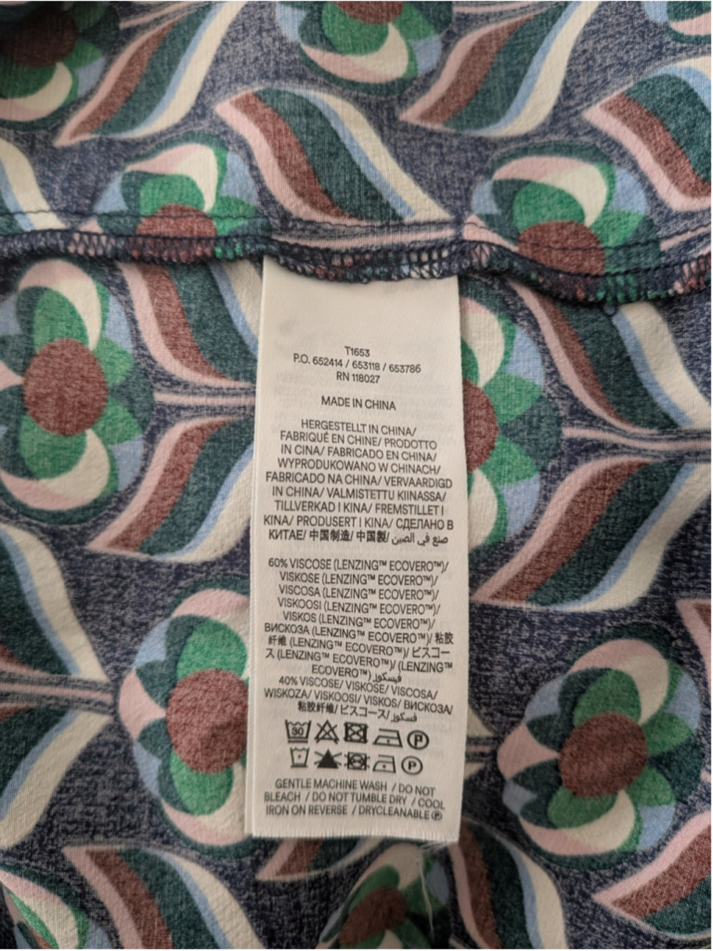 Boden Floral Geometric Print Blouse Navy Green Puff Sleeve Top US 12 - Picture 6 of 6